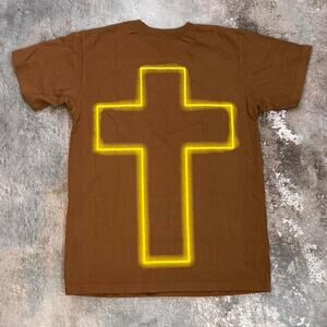 Brown and Yellow Seventh Heaven x Juice T shirt. Gold Cross. Size Small.